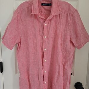 100% Linen Nautica Men's Pink Short Sleeve Button-Down Shirt, Spring, Summer
